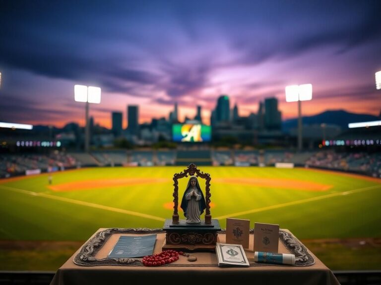 Flick International A serene baseball stadium illuminated at dusk with an altar featuring religious symbols in the foreground