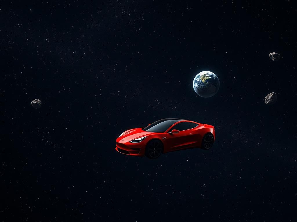 Flick International Futuristic Tesla Roadster floating in space with stars and galaxies