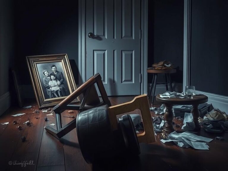 Flick International Dimly lit room with overturned chair and broken family photo symbolizing turmoil