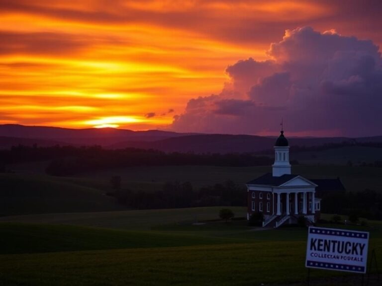 Flick International Dramatic sunset over Kentucky's rolling hills with a classic courthouse silhouette