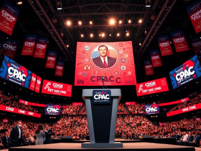 Flick International Elegant podium adorned with CPAC logo in a vibrant conference hall