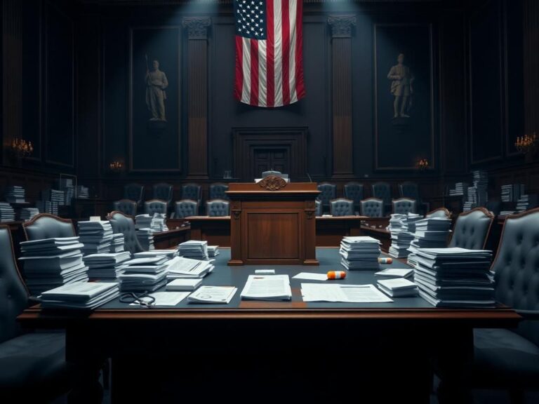 Flick International Senate floor during a budget debate with empty seats and a large American flag