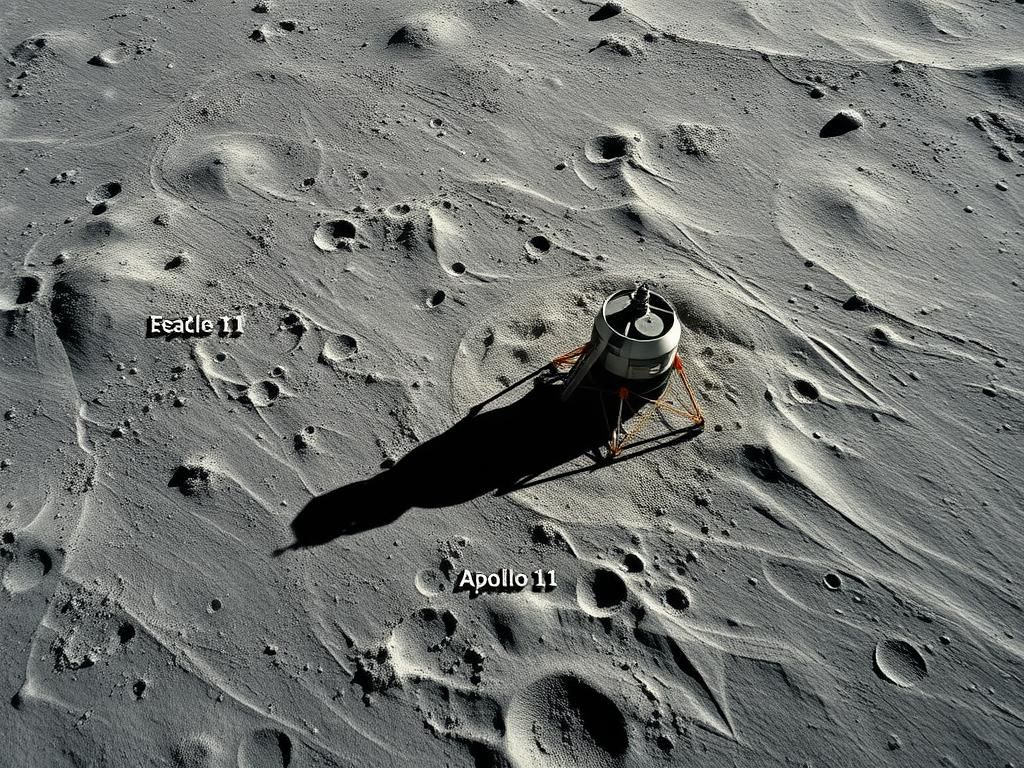 Flick International Aerial view of Apollo 11 and Apollo 12 lunar modules on the moon's surface