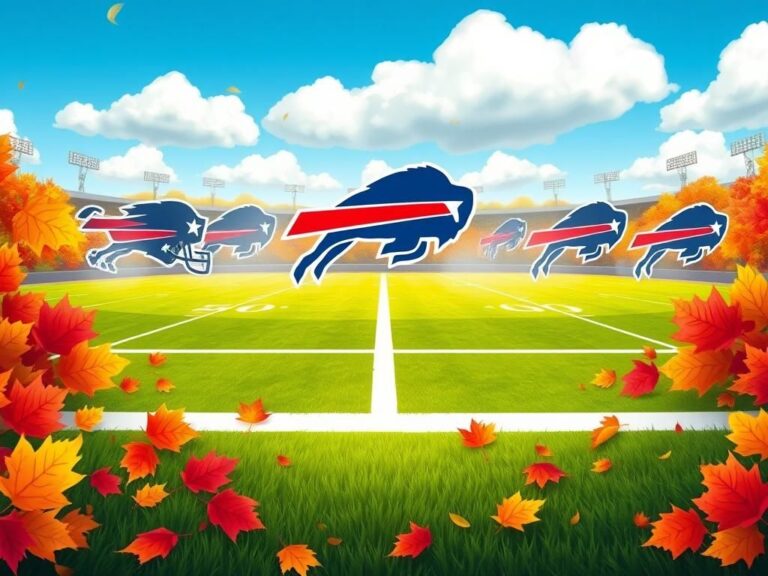 Flick International A vibrant football field adorned with autumn leaves and the Buffalo Bills logo