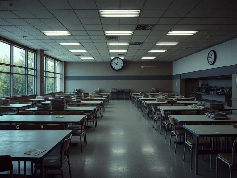 Flick International Wide-angle view of an empty federal cafeteria with dusty tables and chairs