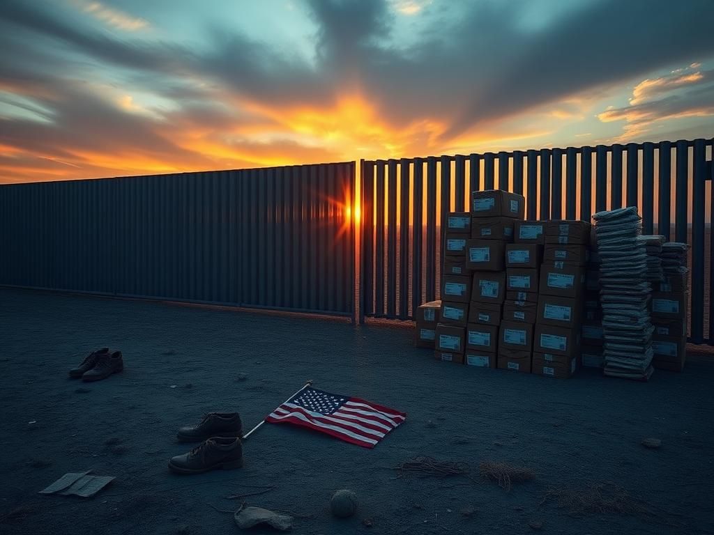 Flick International A striking representation of a border wall with a vast landscape, symbolizing the struggles of homeless veterans and American citizens.