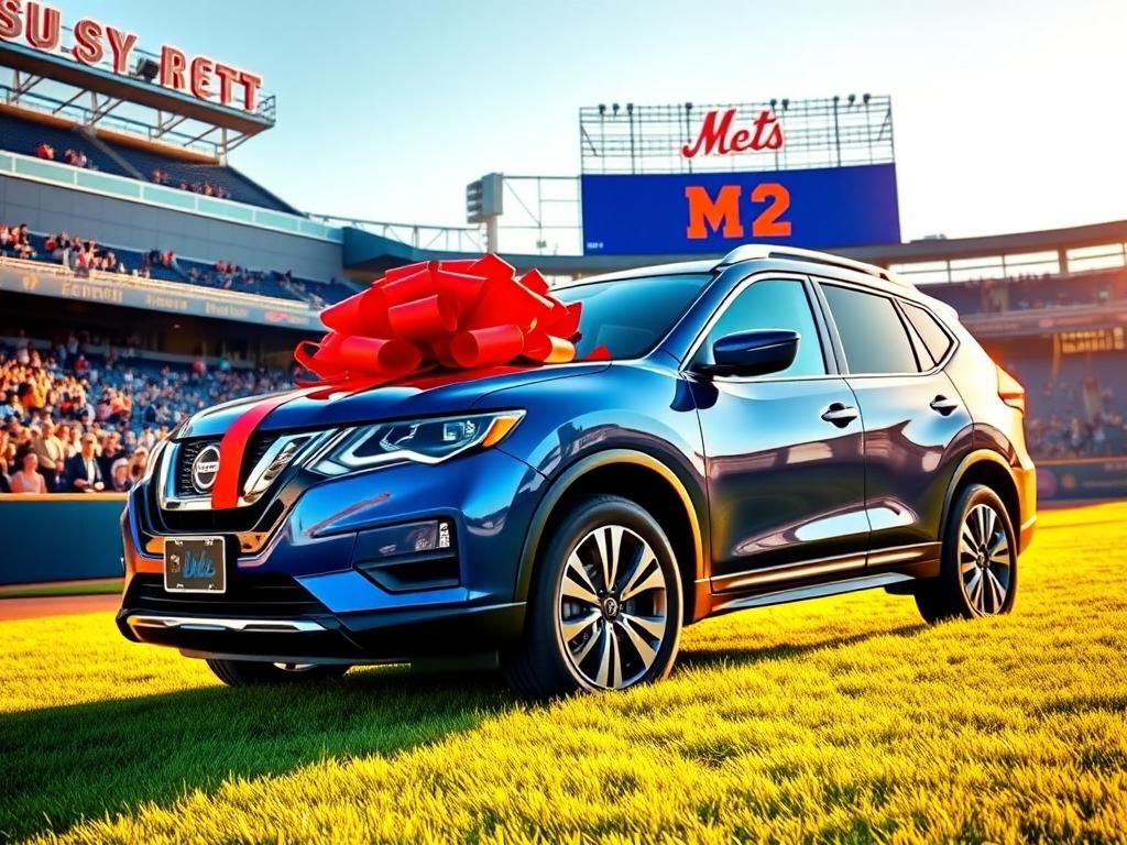 Flick International Shiny new SUV with a red bow parked in front of a New York Mets stadium