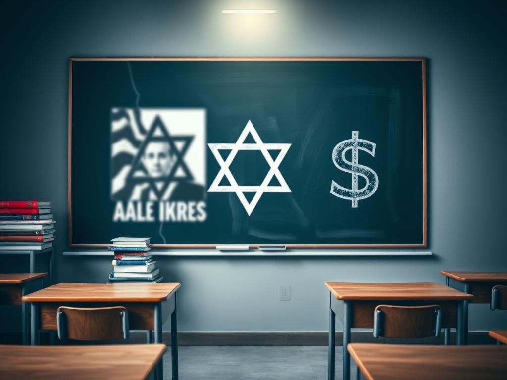 Flick International Abstract representation of a classroom with offensive imagery related to the Israeli-Palestinian conflict