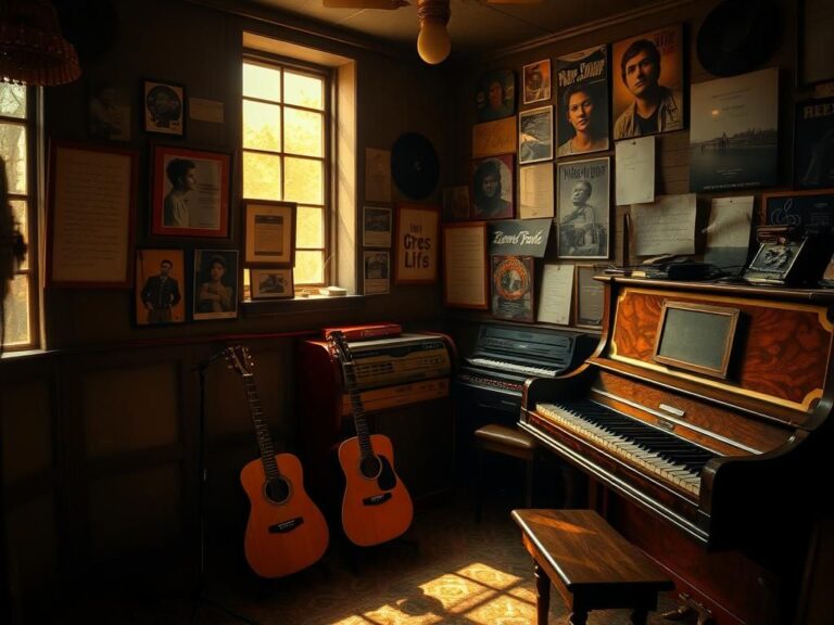 Flick International A serene recording studio filled with vintage musical equipment and framed photographs of iconic musicians