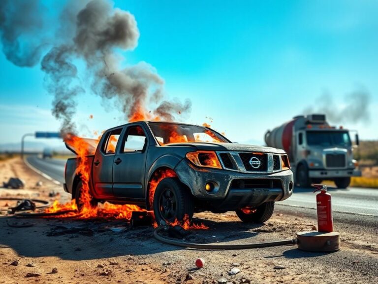 Flick International Charred Nissan pickup truck engulfed in flames on the highway