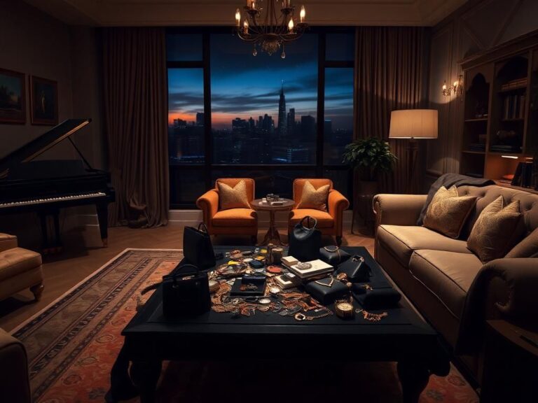 Flick International Dimly lit luxury living room interior showcasing plush furniture and scattered valuables after a burglary