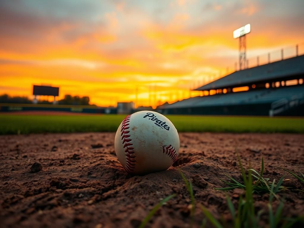 Flick International A serene baseball diamond at sunset with a worn baseball near the pitcher's mound.