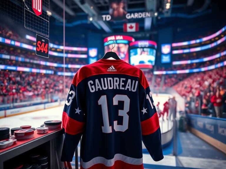 Flick International USA hockey jersey with Gaudreau's name and number 13 in a colorful locker setting