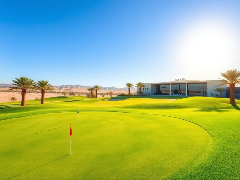 Flick International A vibrant golf course in Riyadh, Saudi Arabia with lush greens and a clear blue sky