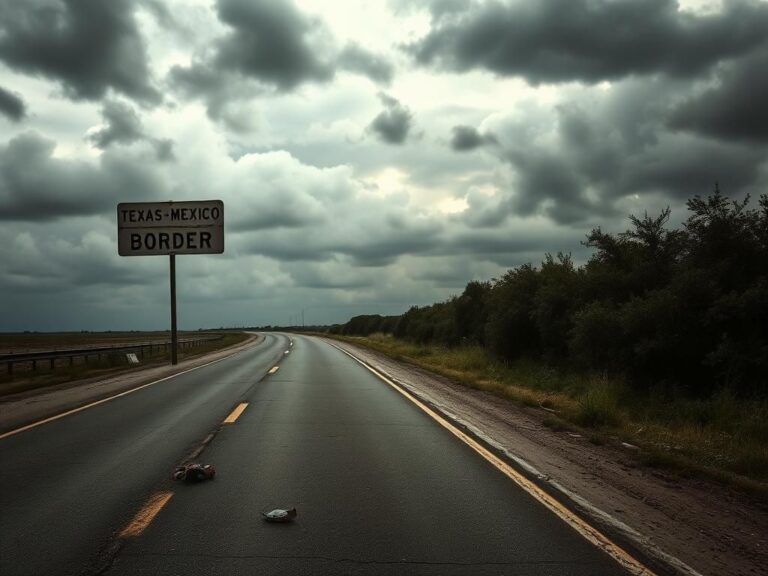 Flick International A deserted Texas highway marked by a weathered signpost indicating the Texas-Mexico Border