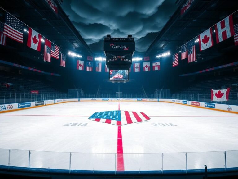 Flick International Ice hockey rink featuring an American flag at center ice with an intense atmosphere