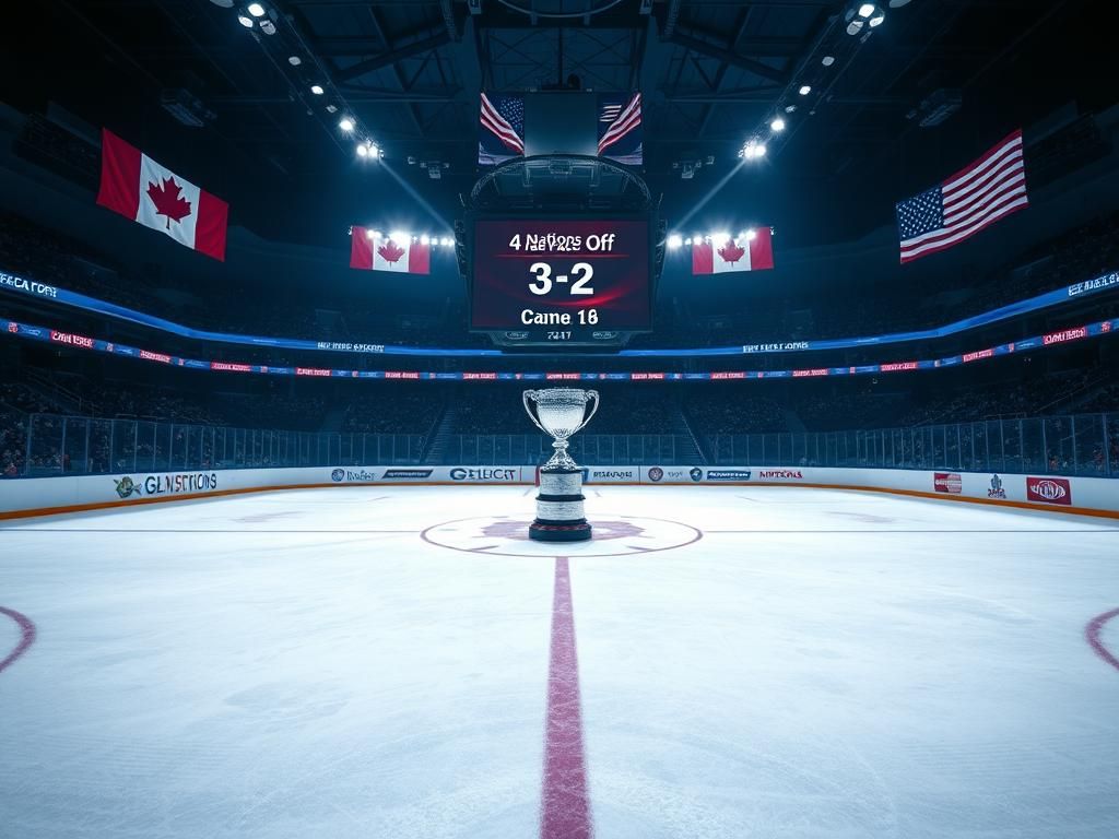 Flick International Dramatic ice hockey rink with fresh skate tracks and flags of Canada and the US