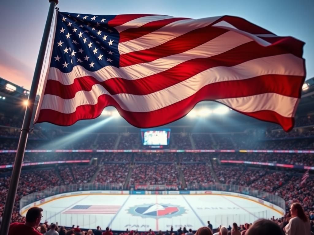 Flick International A large American flag waves majestically during a hockey game, representing national pride.