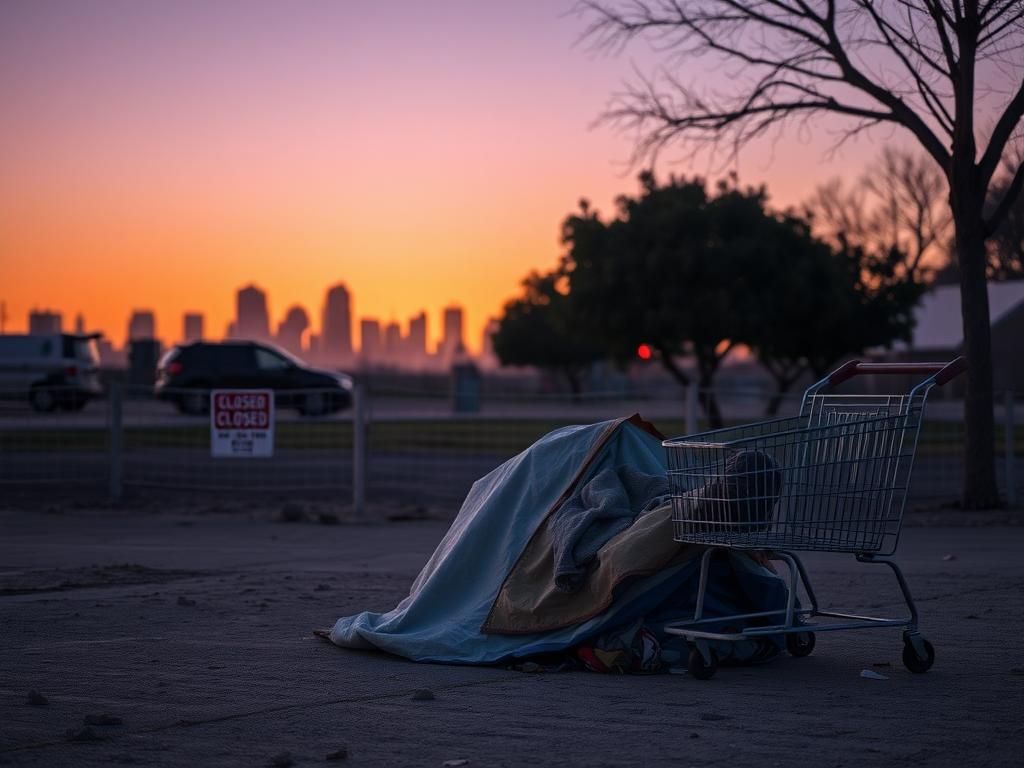 Flick International A deserted park in Fremont, California, with a partially collapsed tent and scattered belongings.