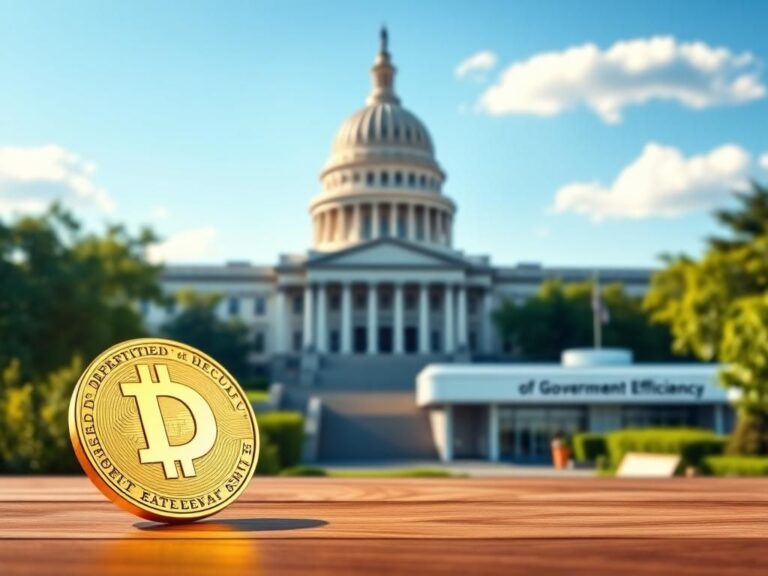 Flick International A golden dogecoin coin on a wooden table in front of a modern state capitol building