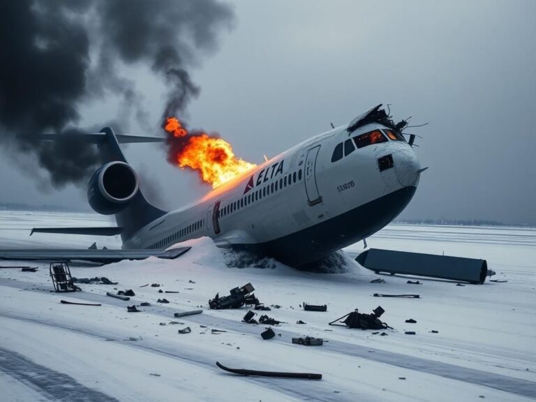 Flick International Delta Air Lines aircraft upside down after crash at Toronto Pearson Airport