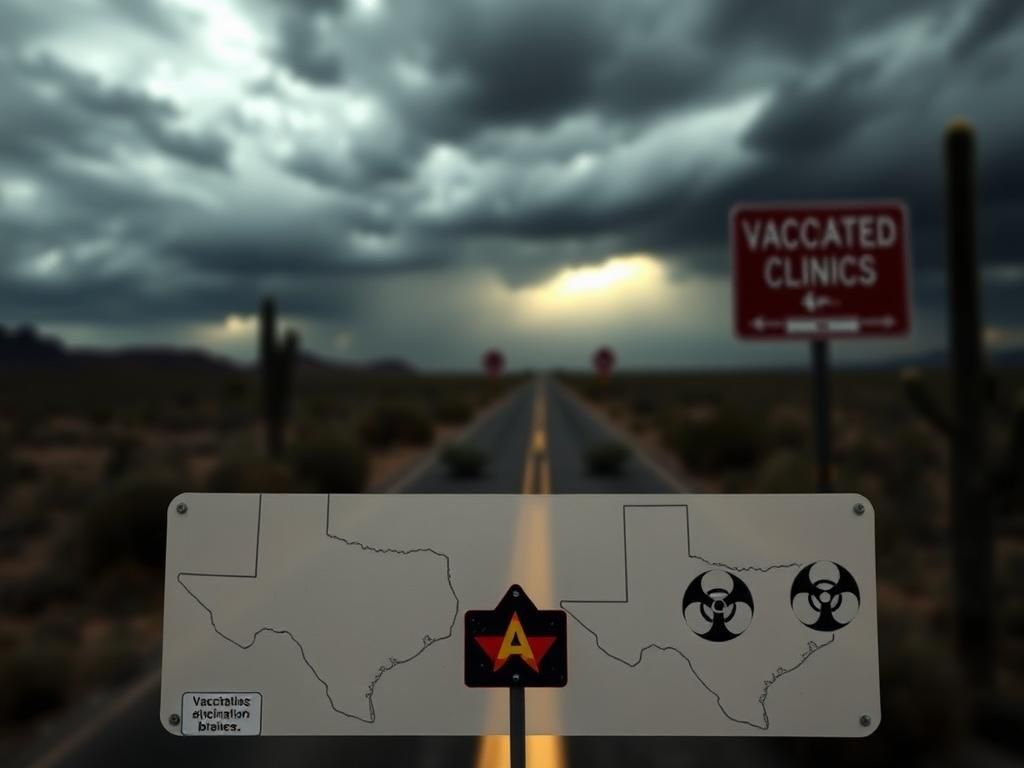 Flick International Dark landscape showcasing Texas and New Mexico border with vaccination warnings and biohazard signs