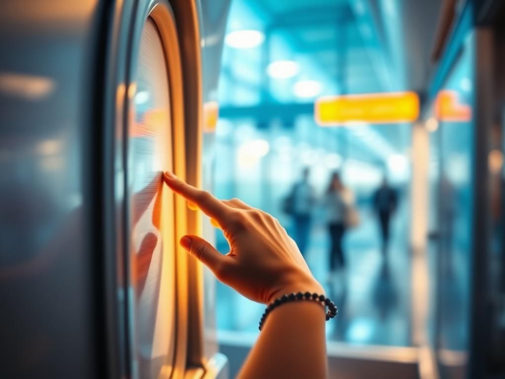 Flick International A hand reaching out to touch a polished airplane door, with a rosary bracelet visible nearby