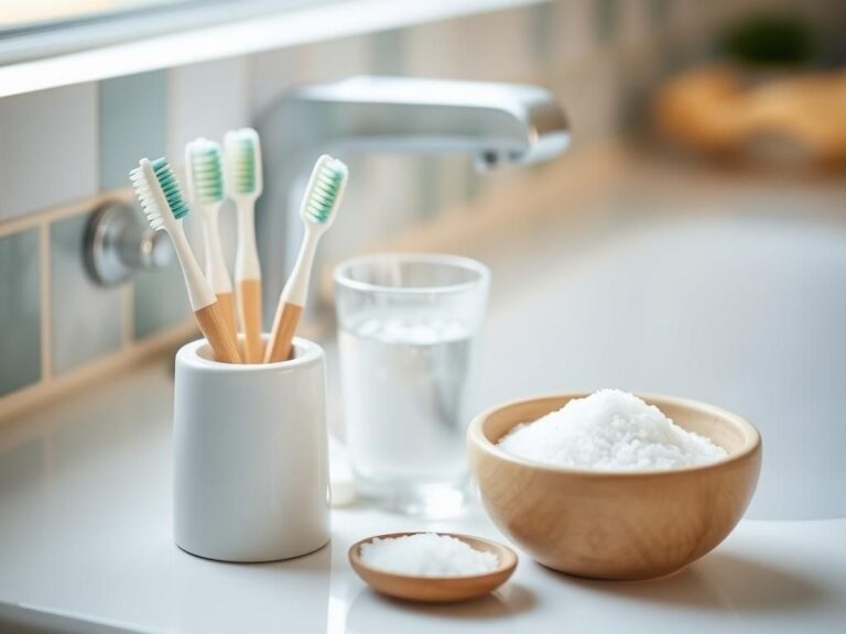 Flick International Close-up of a ceramic toothbrush holder with toothbrushes next to a saltwater rinse in a serene bathroom setting