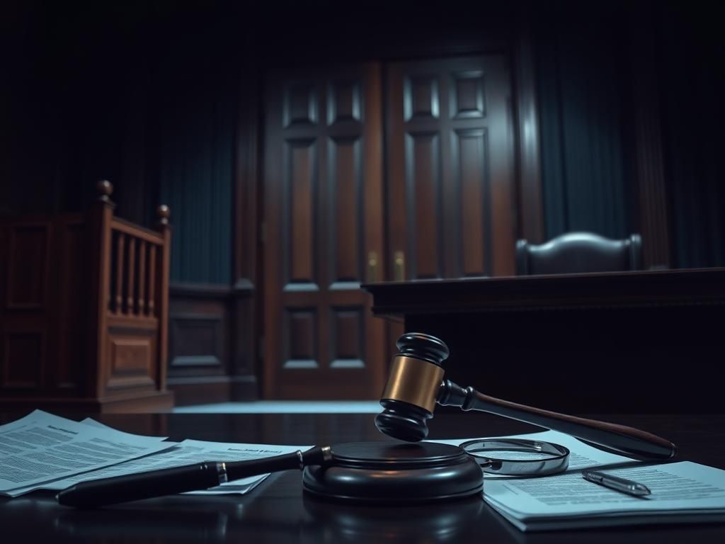 Flick International Dimly lit courtroom scene with empty jury box and gavel on judge's bench