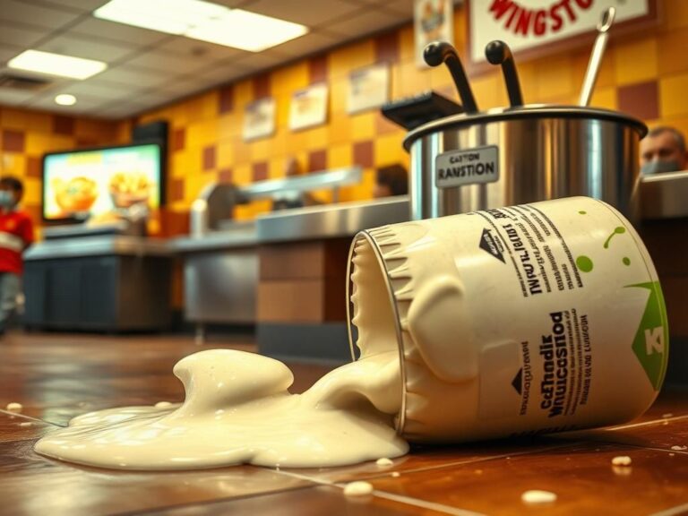 Flick International Overturned ranch dressing container creating a messy scene in a busy Wingstop restaurant.