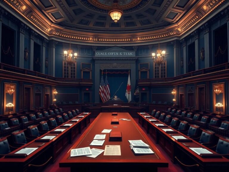 Flick International Grand, empty congressional chamber filled with important documents and budget proposals