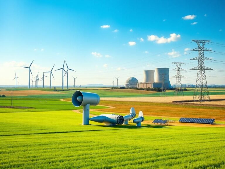 Flick International A modern landscape featuring gas turbines, wind turbines, and a nuclear power plant against a blue sky