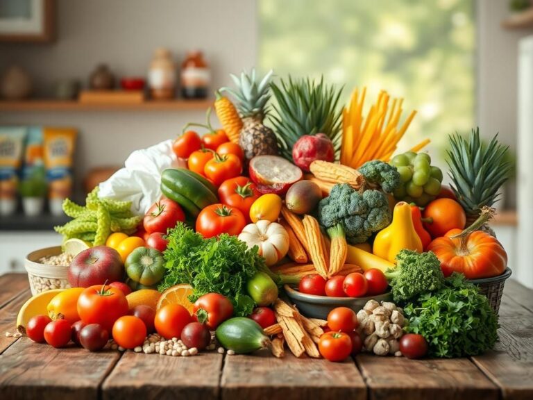 Flick International A vibrant still life of fresh fruits and vegetables on a wooden table