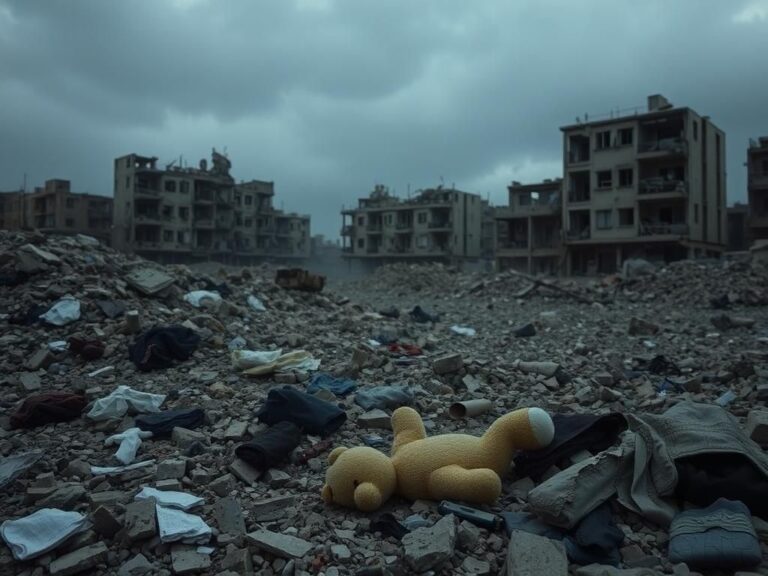 Flick International Devastated area in a war-torn city with remnants of clothing and a fragmented teddy bear