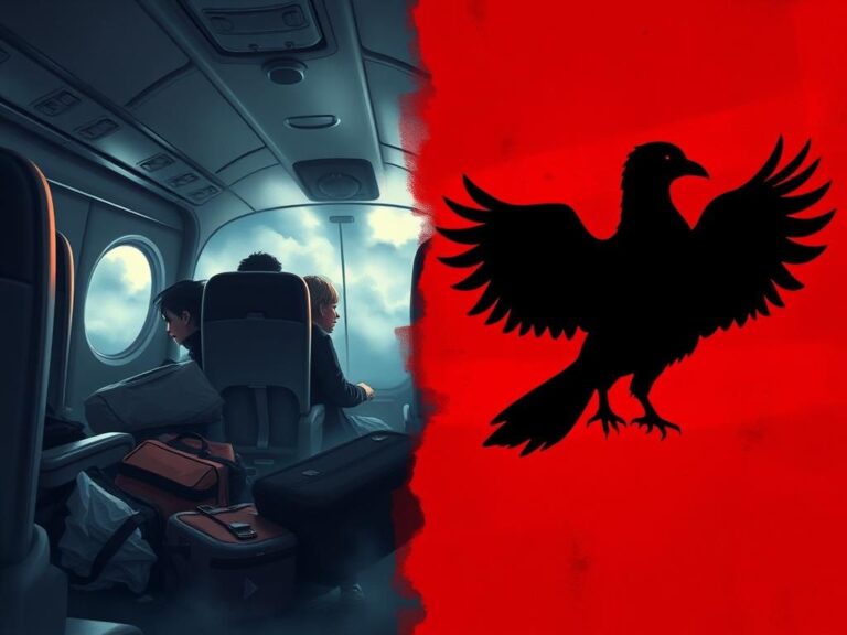 Flick International Turbulent airplane cabin scene juxtaposed with a state emergency depiction due to bird flu