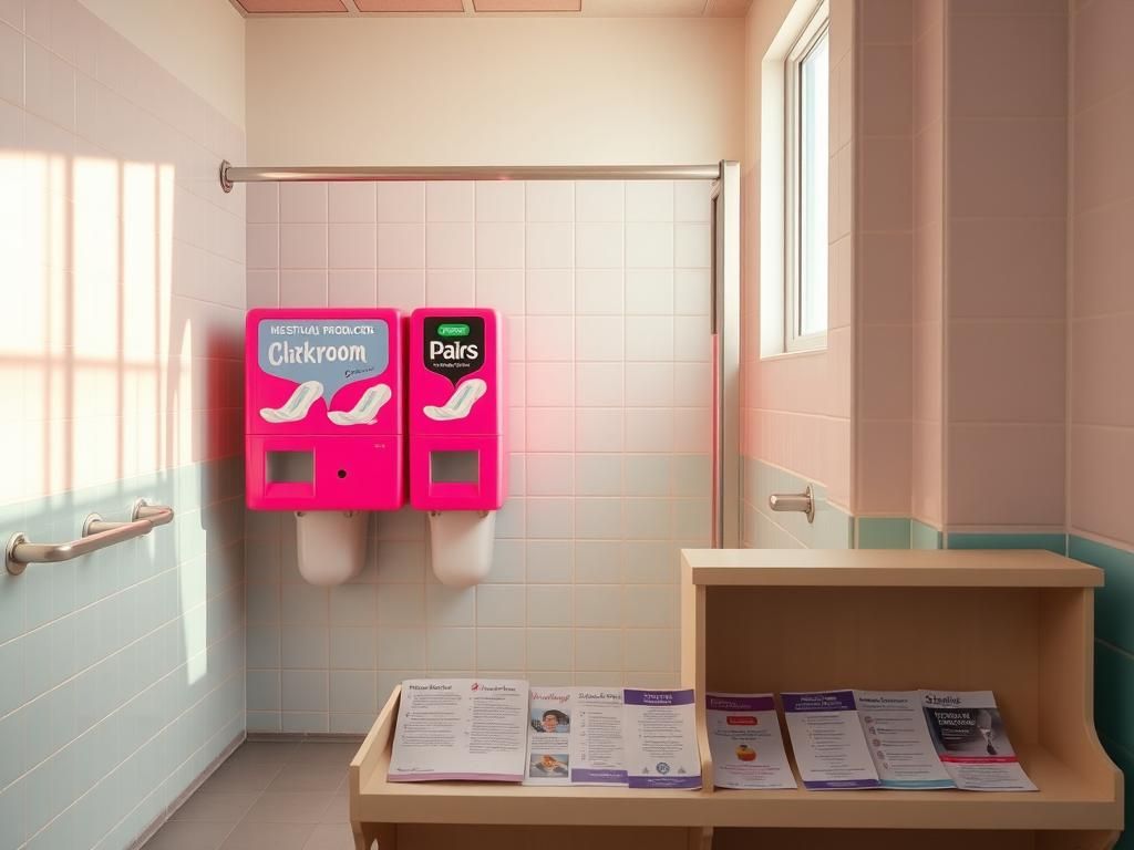 Flick International Interior view of a school restroom with menstrual product dispensers