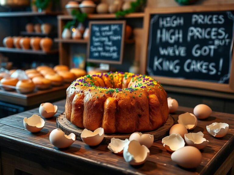 Flick International Decorated king cake surrounded by eggs illustrating high egg prices