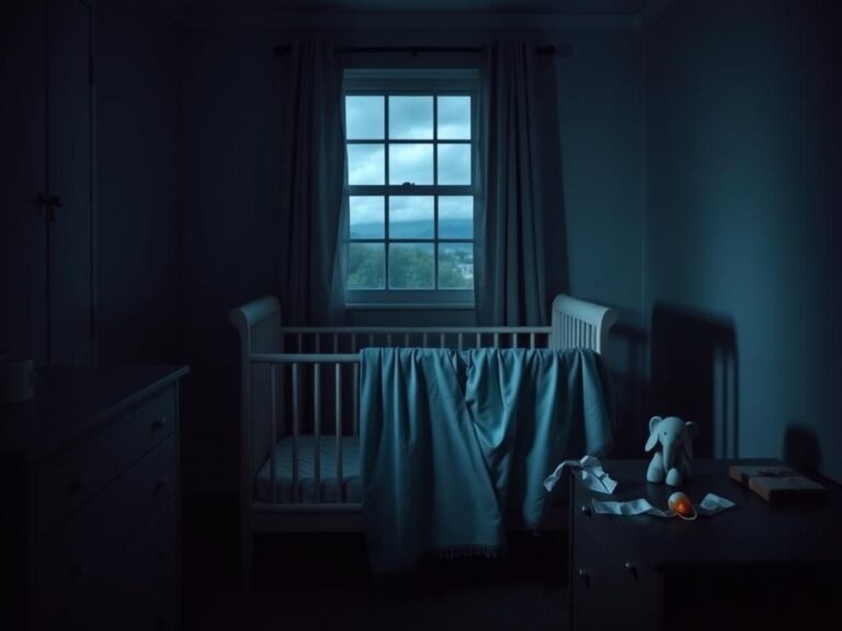 Flick International Dimly lit nursery room with an empty crib and unwrapped baby gift symbolizing loss and heartbreak