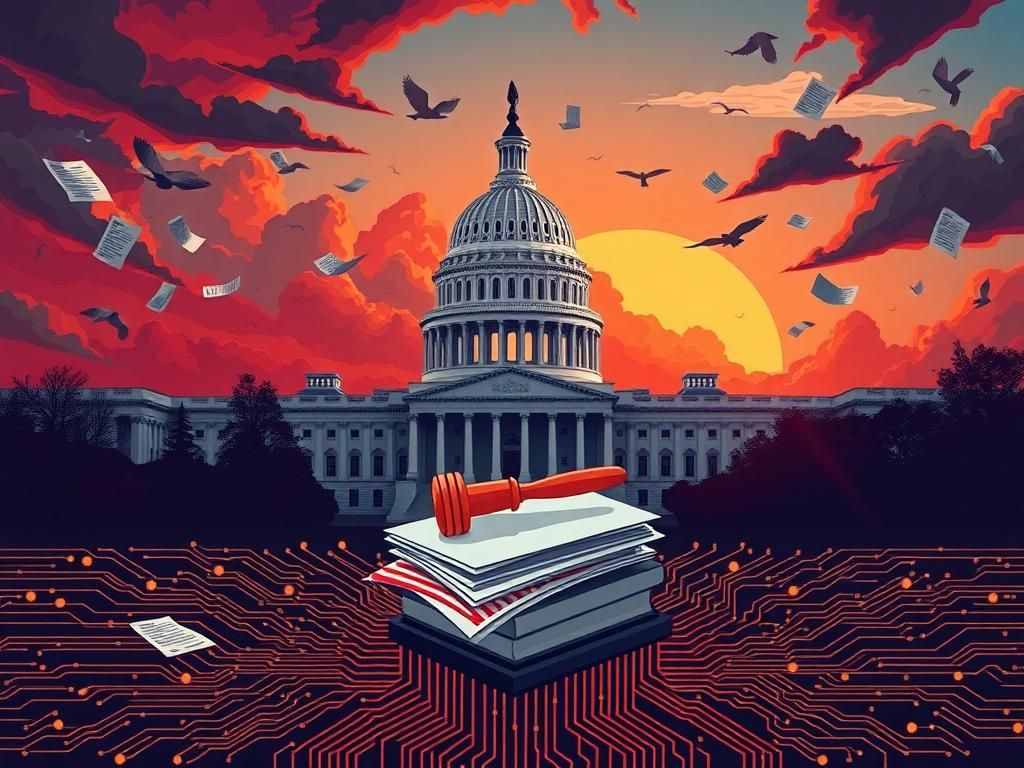 Flick International Stylized representation of the U.S. Capitol building at dawn with legislative documents swirling around