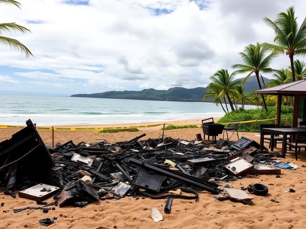 Flick International Aftermath of explosion at The Whaler resort in Maui with debris scattered across Kaanapali Beach