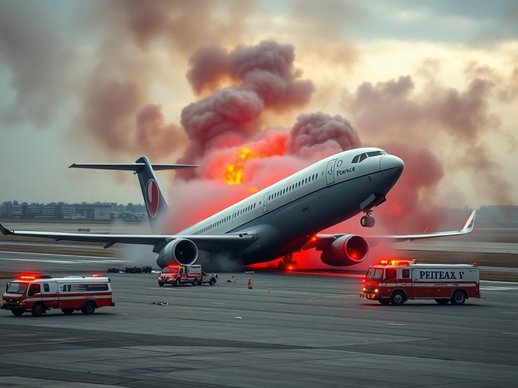 Flick International A large commercial aircraft belly-up on the runway at Toronto Pearson Airport after a crash, surrounded by smoke and flames.