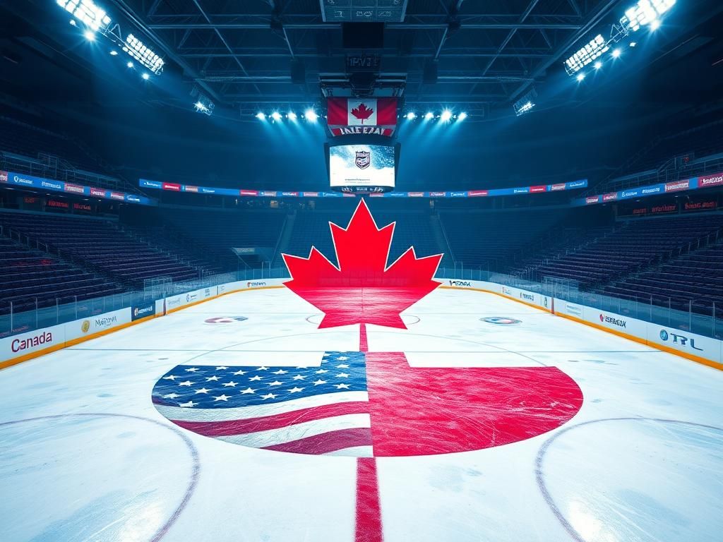 Flick International Dramatic ice hockey rink scene with Canadian and American flags