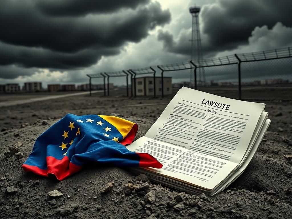 Flick International A desolate landscape with a crumbling Venezuelan flag and legal documents representing Venezuelan migrants' struggles