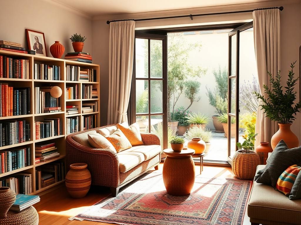 Flick International Cozy living room blending American and Spanish cultures with vibrant decor and books