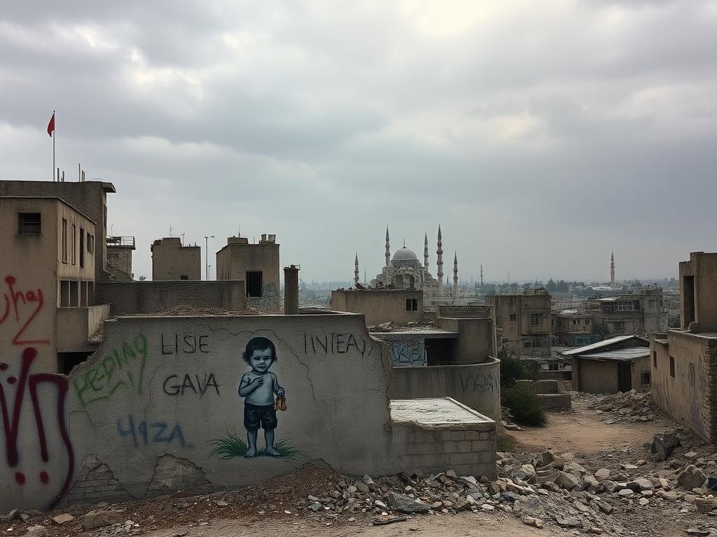 Flick International Crumbling urban landscape in Gaza with mural of a child symbolizing innocence