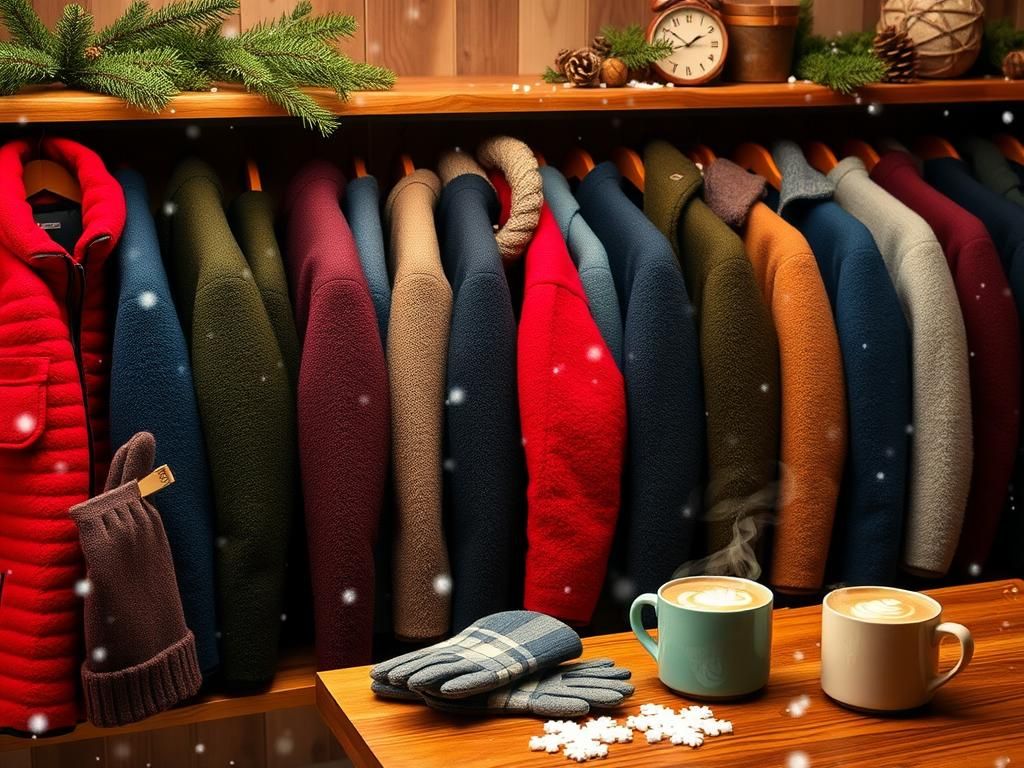 Flick International Array of colorful fleece jackets displayed on wooden shelves in a winter scene