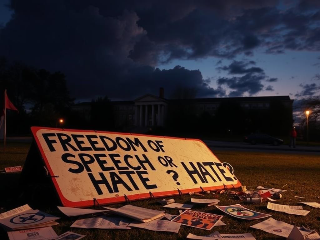 Flick International Overturned sign reading 'Freedom of Speech or Hate?' amidst chaotic protest scene on college campus