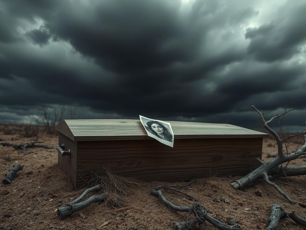 Flick International A closed wooden coffin surrounded by a barren landscape, symbolizing loss and mourning