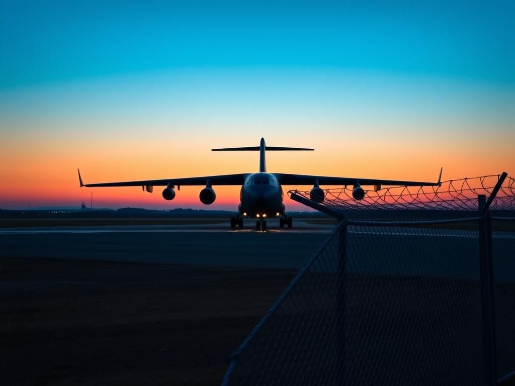 Flick International Military aircraft on airstrip prepared for deportation flights