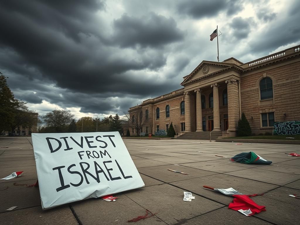 Flick International Abandoned protest sign in empty college campus courtyard under dark clouds